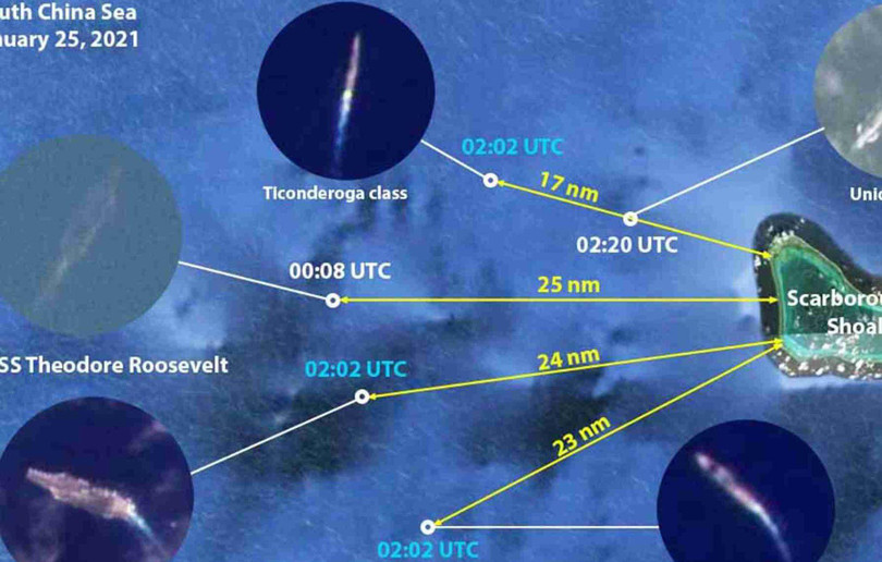 Biên đội tàu sân bay USS Roosevelt tại vùng biển gần bãi Scarborough hôm 25/1 (Ảnh: Dwnews).