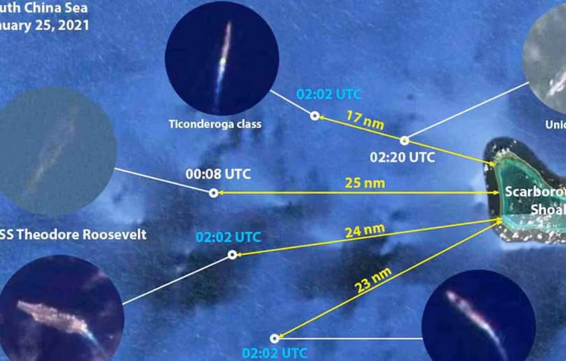 Biên đội tàu sân bay USS Roosevelt tại vùng biển gần bãi Scarborough hôm 25/1 (Ảnh: Dwnews).