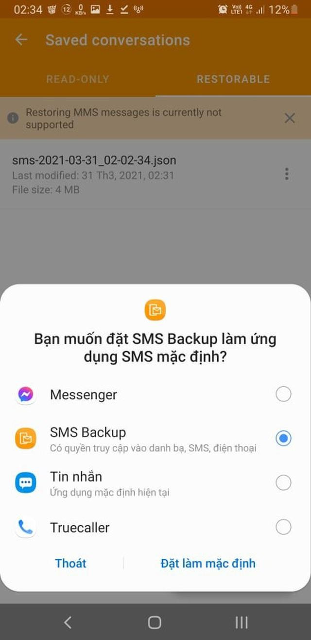 Sau khi thay đổi thiết lập, SMS Backup sẽ lập tức thực hiện quá trình phục hồi tin nhắn.
