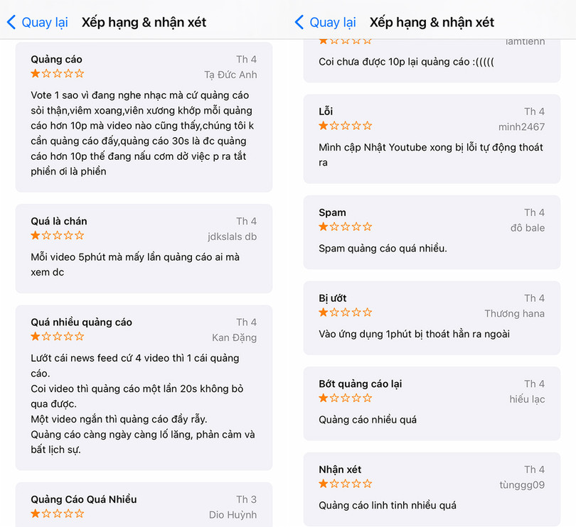 Loạt đánh giá 1* của người dùng Việt Nam cho ứng dụng YouTube trên App Store. Loạt đánh giá 1* của người dùng Việt Nam cho ứng dụng YouTube trên App Store.