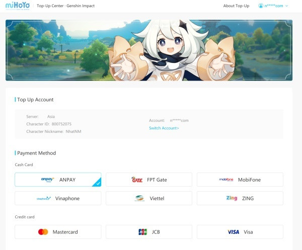 Các hình thức nạp tiền trong game Genshin Impact qua cổng Upay.