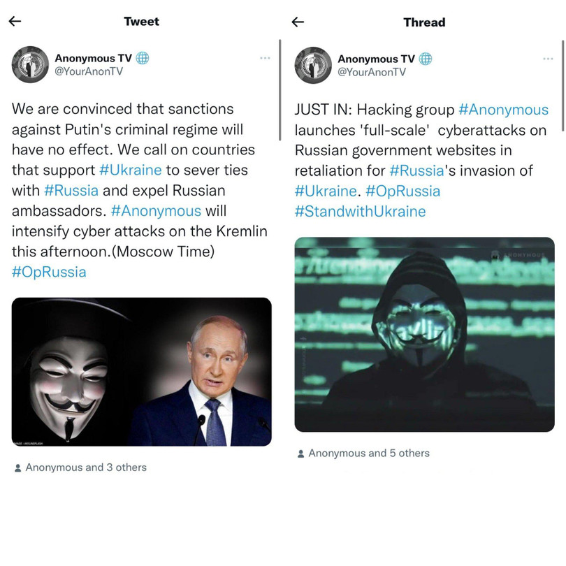Một số bản tweet có nội dung chống Nga của nhóm Anonymous