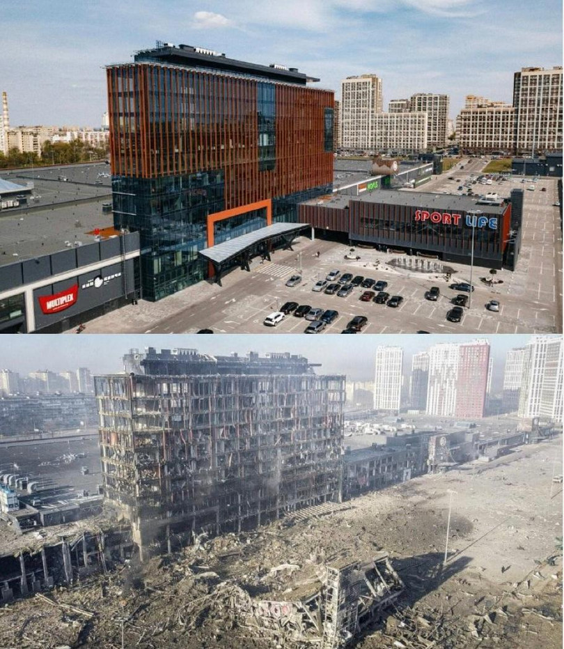 Khu vực tòa nhà trước và sau khi bị trúng tên lửa của Nga (Ảnh: Reuters).