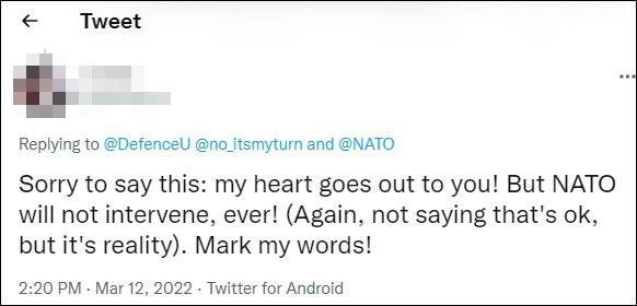 Cảnh báo của cư dân mạng nhắn gửi người Ukraine: “Xin lỗi phải nói điều này: trái tim tôi ở bên các bạn!Nhưng NATO sẽ không can thiệp,sẽ không bao giờ! "