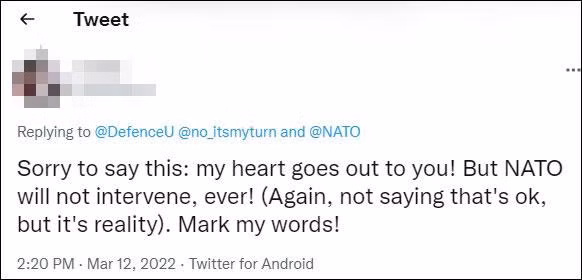 Cảnh báo của cư dân mạng nhắn gửi người Ukraine: “Xin lỗi phải nói điều này: trái tim tôi ở bên các bạn!Nhưng NATO sẽ không can thiệp,sẽ không bao giờ! "