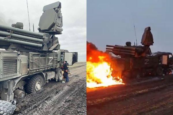 Một hệ thống phòng không Pantsir-S của quân Nga bị trúng tên lửa (Ảnh: ET).