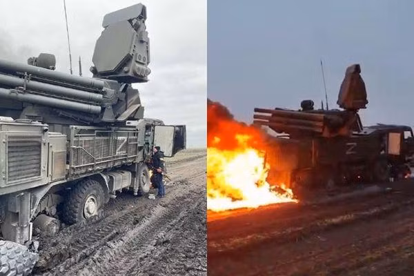 Một hệ thống phòng không Pantsir-S của quân Nga bị trúng tên lửa (Ảnh: ET).