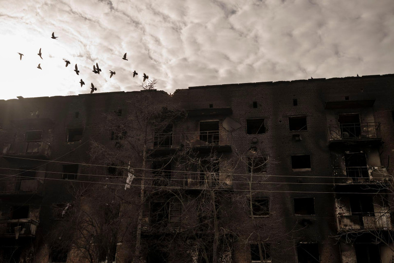 Đàn chim bay trên một khu chung cư bị hư hại vì đạn pháo (Ảnh: AP). Đàn chim bay trên một khu chung cư bị hư hại vì đạn pháo (Ảnh: AP).