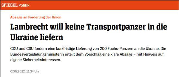 Tờ Der Spiegel ngày 7/7 đưa tin bà Lambrecht từ chối yêu cầu của Ukraine về việc cung cấp 200 xe bọc thép. Tờ Der Spiegel ngày 7/7 đưa tin bà Lambrecht từ chối yêu cầu của Ukraine về việc cung cấp 200 xe bọc thép.