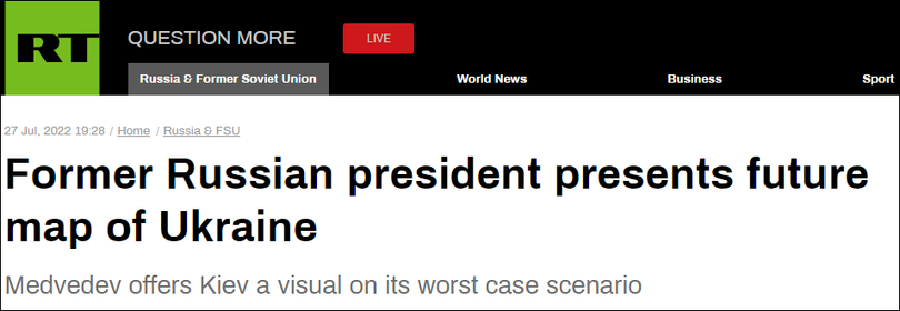 Trang RT của Nga đưa tin về bản đồ Ukraine do ông Medvedev đưa ra.