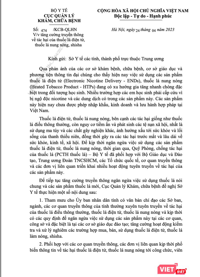 Công văn của Cục Quản lý Khám, chữa bệnh về việc tăng cường quản lý thuốc lá điện tử, thuốc lá nung nóng