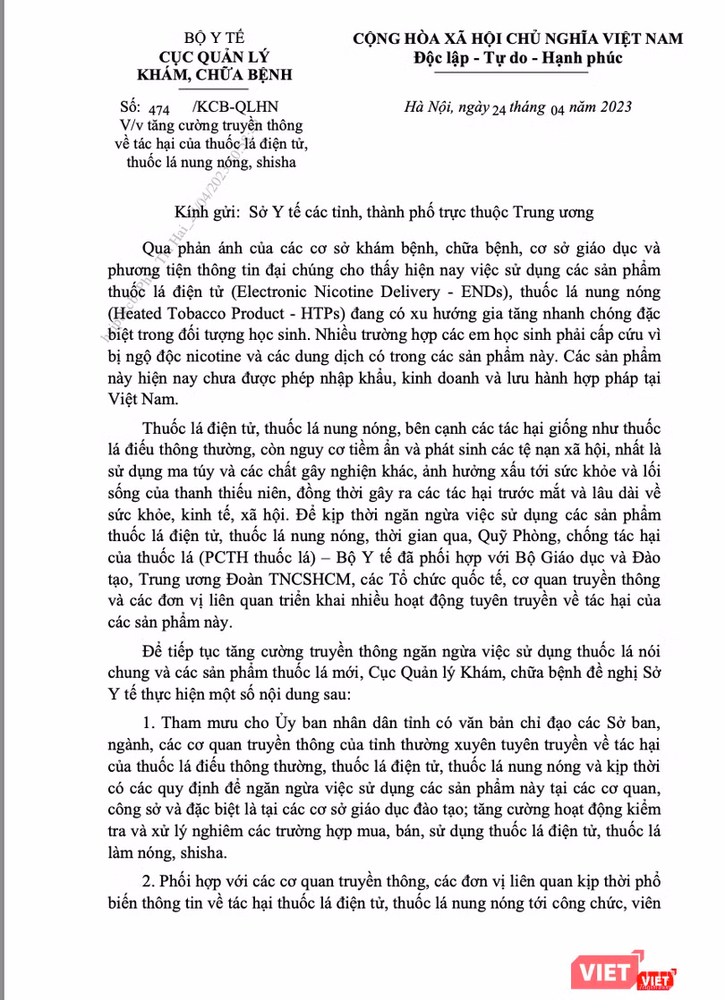 Công văn của Cục Quản lý Khám, chữa bệnh về việc tăng cường quản lý thuốc lá điện tử, thuốc lá nung nóng