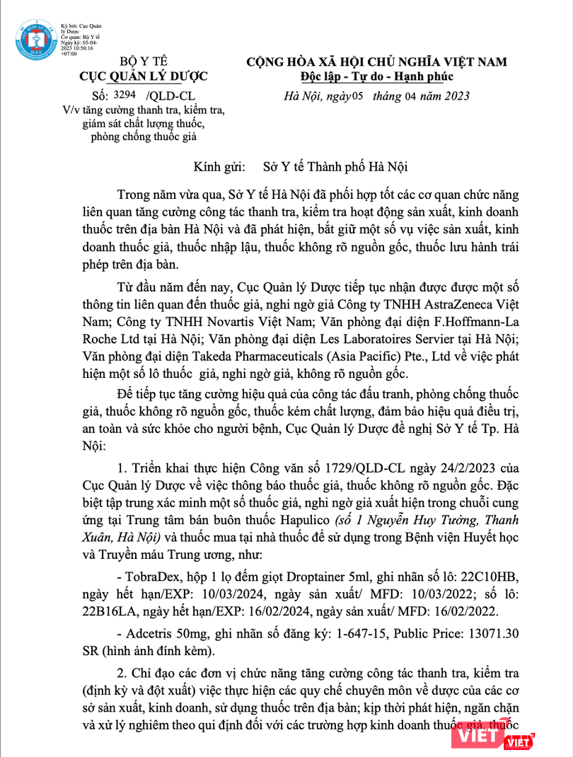 Công văn của Cục Quản lý Dược yêu cầu Sở Y tế Hà Nội xác minh 2 loại thuốc giả trong chuỗi cung ứng trên địa bàn Hà Nội Công văn của Cục Quản lý Dược yêu cầu Sở Y tế Hà Nội xác minh 2 loại thuốc giả trong chuỗi cung ứng trên địa bàn Hà Nội