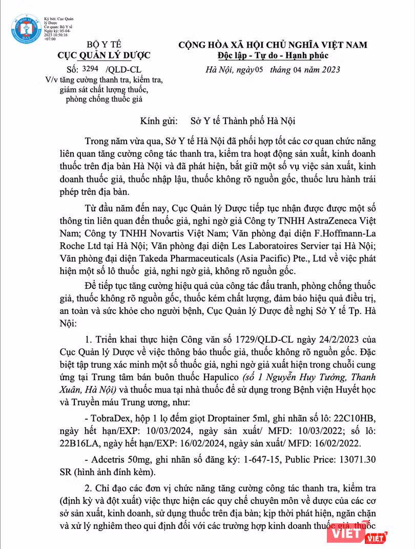 Công văn của Cục Quản lý Dược yêu cầu Sở Y tế Hà Nội xác minh 2 loại thuốc giả trong chuỗi cung ứng trên địa bàn Hà Nội