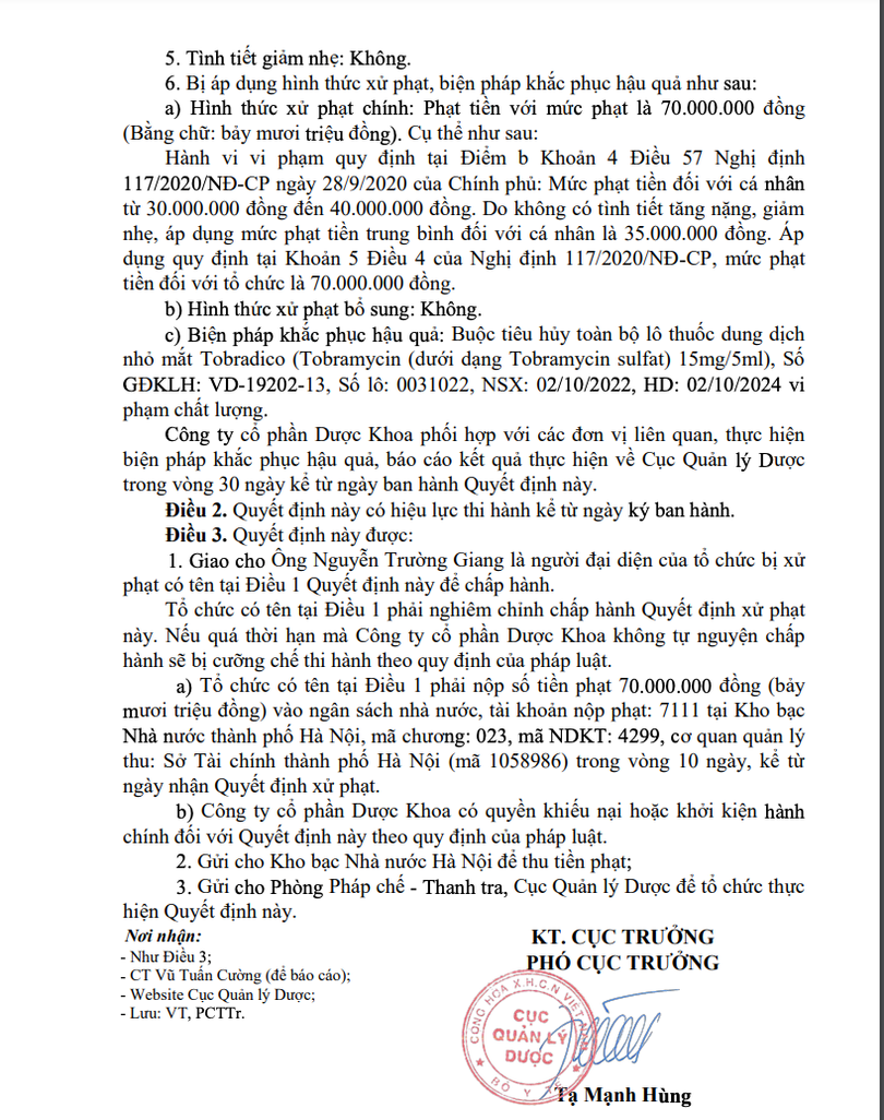 Quyết định xử phạt Công ty CP Dược khoa do Cục Quản lý Dược ban hành