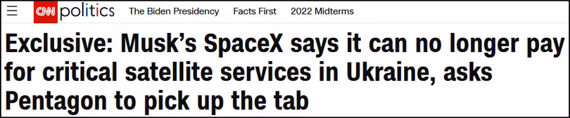 CNN đưa tin về tuyên bố của Elon Musk ngừng cung cấp miễn phí dịch vụ Starlink ở Ukraine . CNN đưa tin về tuyên bố của Elon Musk ngừng cung cấp miễn phí dịch vụ Starlink ở Ukraine .