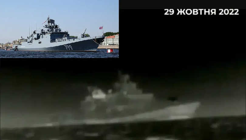 Tàu "Đô đốc Makarov" (góc trái bên trên) và hình ảnh mục tiêu tấn công của USV Ukraine được cho là tàu này.