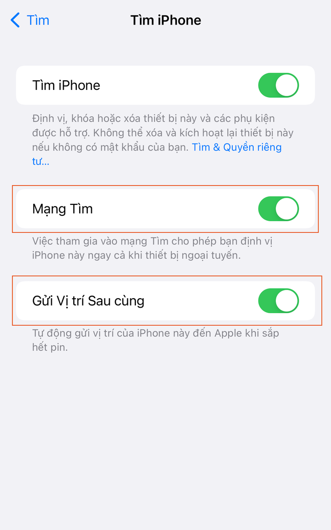 Tại đây, hãy bật tính năng Mạng tìm (Find My Network) và Gửi vị trí sau cùng (Send Last Location) Tính năng “thần thánh” giúp tìm lại iPhone bị mất ngay cả khi bị tắt nguồn và khôi phục cài đặt gốc - Ảnh 5.