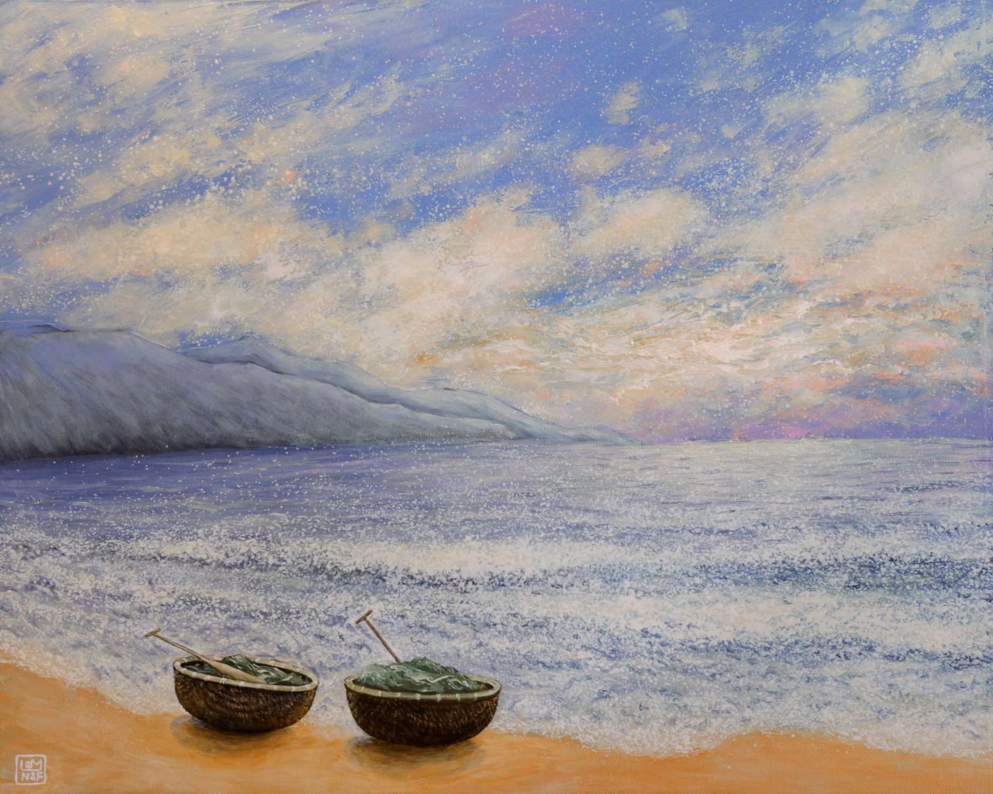 Nguyễn Lâm, Bình minh trên biển Mỹ Khê, Acrylic, 100x80cm, sáng tác năm 2018 Nguyễn Lâm, Bình minh trên biển Mỹ Khê, Acrylic, 100x80cm, sáng tác năm 2018