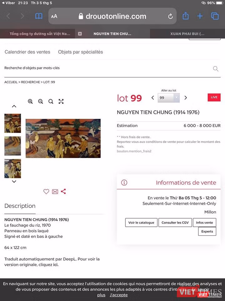 Lot 99 đấu giá tranh Nguyễn Tiến Chung (Ảnh chụp lại màn hình trang web của Drouot) Lot 99 đấu giá tranh Nguyễn Tiến Chung (Ảnh chụp lại màn hình trang web của Drouot)