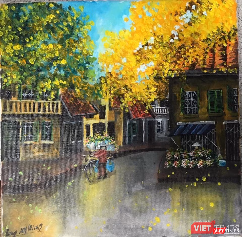 Sắc màu rực rỡ của những gánh hàng hoa và lá thu vàng trên phố Cây cầu Thê Húc