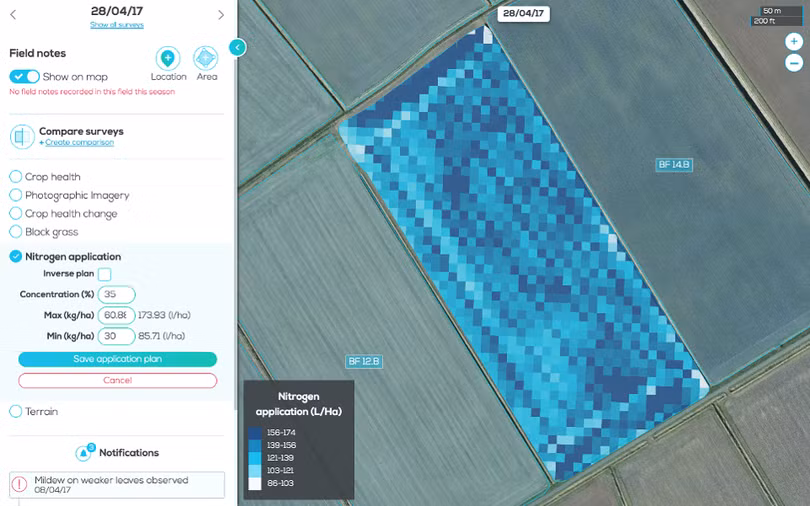 Một ví dụ về một hình ảnh shapefile được tạo ra bởi Hummingbird, cho thấy một mạng lưới các ô vuông kích thước 10x10 mét với nồng độ nitơ trên cây trồng. 