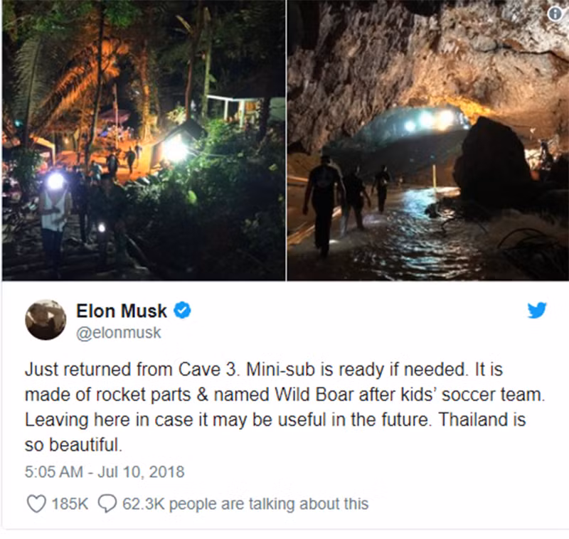 Elon Musk đăng tweet cho biết chiếc tàu lặn mini đã được ông gửi tới khu vực hang động, và sẵn sàng vào công tác cứu hộ bất cứ khi nào người Thái cần đến Elon Musk đăng tweet cho biết chiếc tàu lặn mini đã được ông gửi tới khu vực hang động, và sẵn sàng vào công tác cứu hộ bất cứ khi nào người Thái cần đến