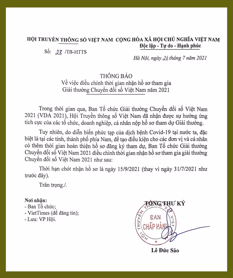 Văn bản thông báo của Ban Tổ chức VDA 2021