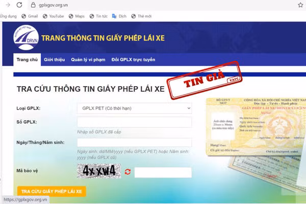 Một trang web giả mạo trang thông tin điện tử giấy phép lái xe