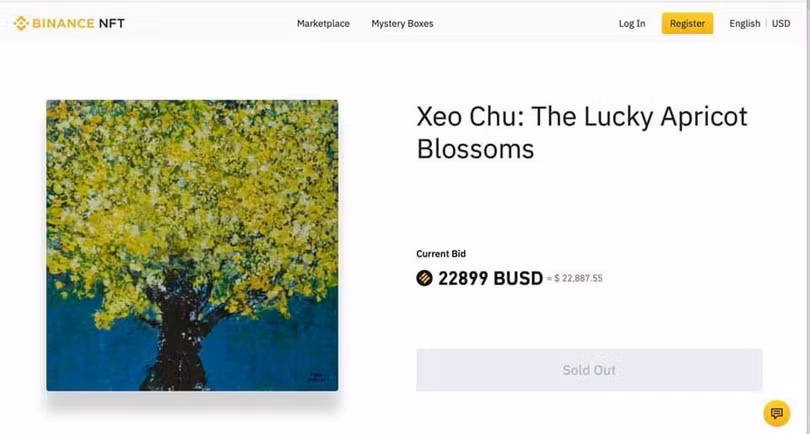 Bức tra "Hoa mai may mắn" đã được mua với giá 23.000 USD (nửa tỉ đồng) khi đấu giá trên sàn Binance NFT Bức tra "Hoa mai may mắn" đã được mua với giá 23.000 USD (nửa tỉ đồng) khi đấu giá trên sàn Binance NFT
