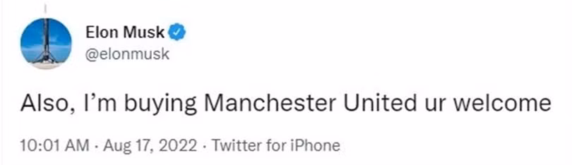 Dòng tweet của Elon Musk nói về việc mua Manchester United Dòng tweet của Elon Musk nói về việc mua Manchester United