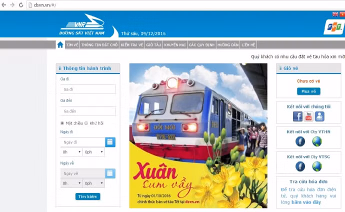 Giao diện trang website bán vé tàu của ngành Đường sắt Việt Nam.