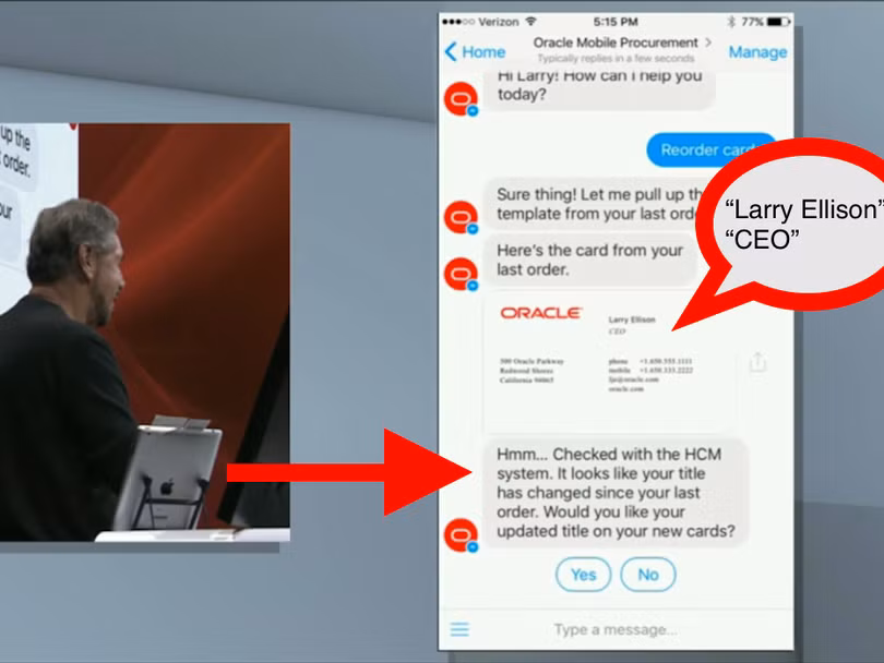 Larry Ellison đang thưởng thức một trò đùa với chatbot tại Oracle Larry Ellison đang thưởng thức một trò đùa với chatbot tại Oracle
