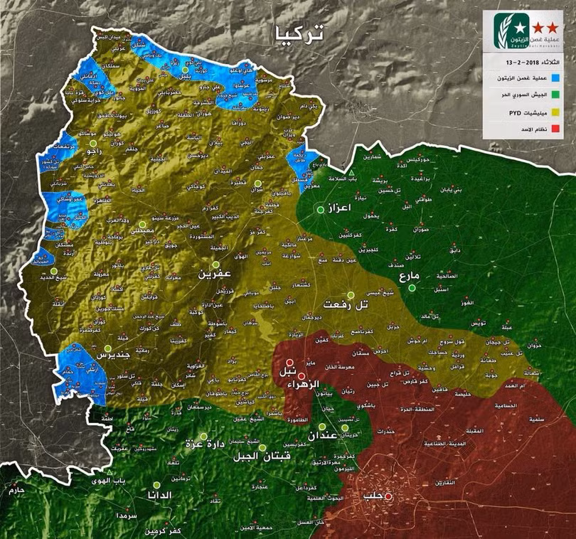 Tình hình chiến sự khu vực Afrin - Aleppo tính đến ngày 13.02.2018 theo Masdar News
