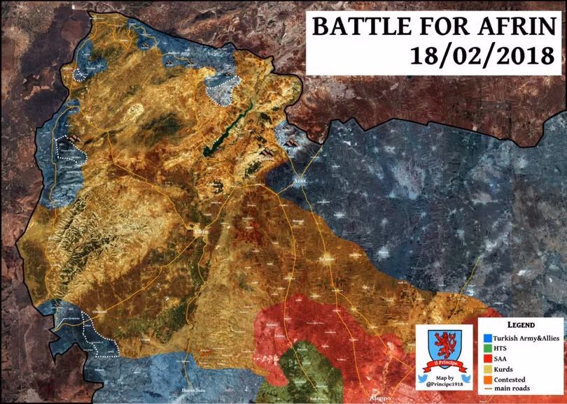 Tình hình chiến sự Afrin tính đến ngày 18.02.2018 theo truyền thông đối lập ủng hộ FSA