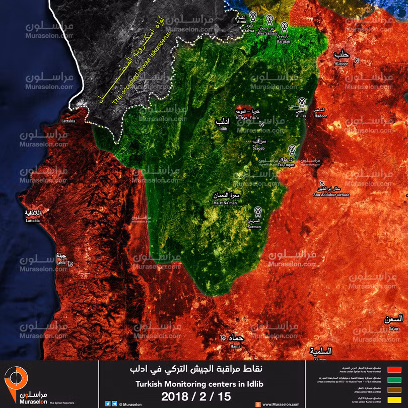 Bản đồ các trạm kiểm soát ngừng bắn của Thổ Nhĩ Kỳ trong khu vực tỉnh Idlib - ảnh Muraselon