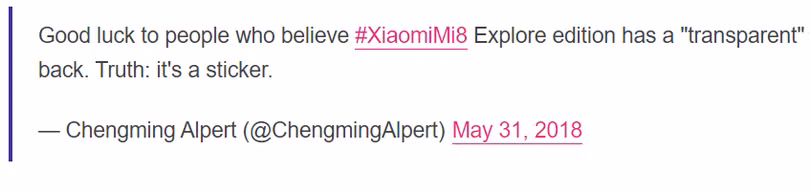Chengming Alpert đăng tải trên Twitter ngày 31/5: “Gửi lời chúc may mắn tới những người tin rằng #Xiaomi Mi 8 Explorer Edition có nắp lưng trong suốt. Phía duới thật ra chỉ là một miếng dán”. Ảnh: TheVerge