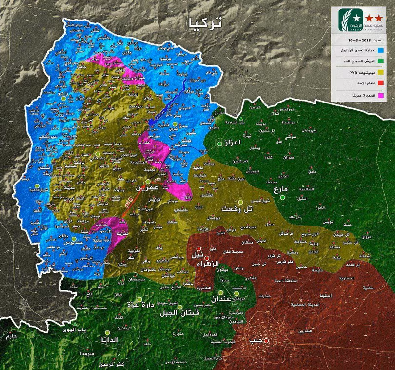 Tình hình chiến sự khu vực Afrin tính đến ngày 10.03.2018 theo truyền thông "đối lập: Syria FSA