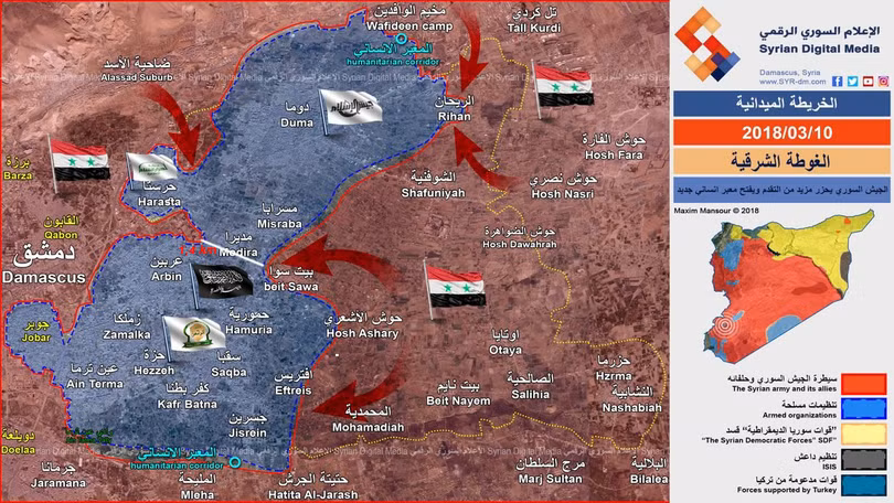 Các mũi tiến công của quân đội Syria trên chiến trường Đông Ghouta - ảnh Syrian Digital Media