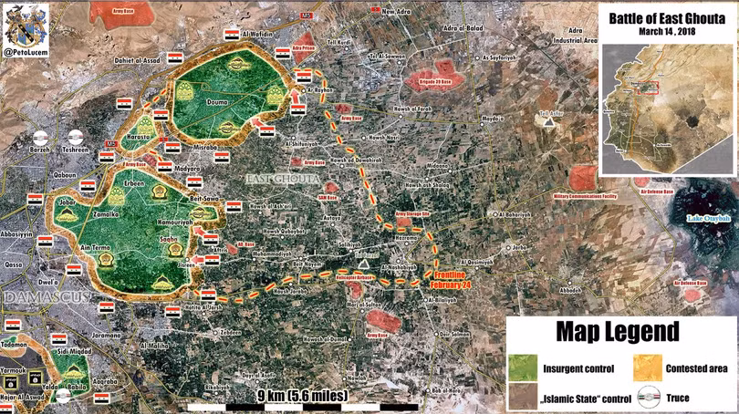 Các mũi tiến công của quân đội Syria trên chiến trường Đông Ghouta. Ảnh Masdar News