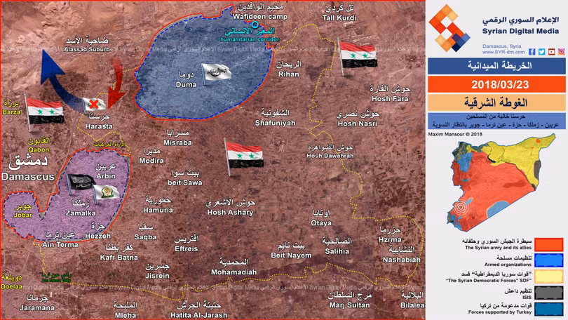 Bản đồ tình hình chiến sự Đông Ghouta tính đến ngày 23.03.2018