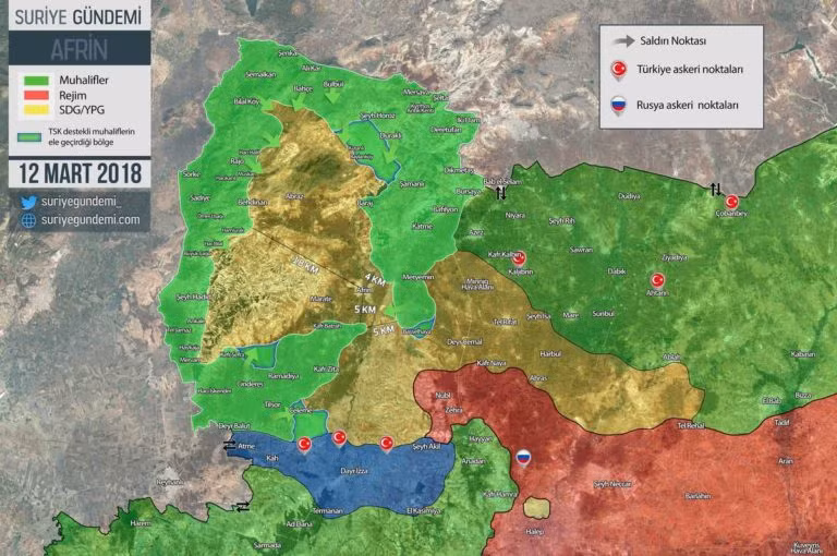 Tình hình chiến sự khu vực Afrin, quân đội Thổ Nhĩ Kỳ còn 5 km trước khi phong tỏa hoàn toàn thành phố Afrin. Ảnh South Front