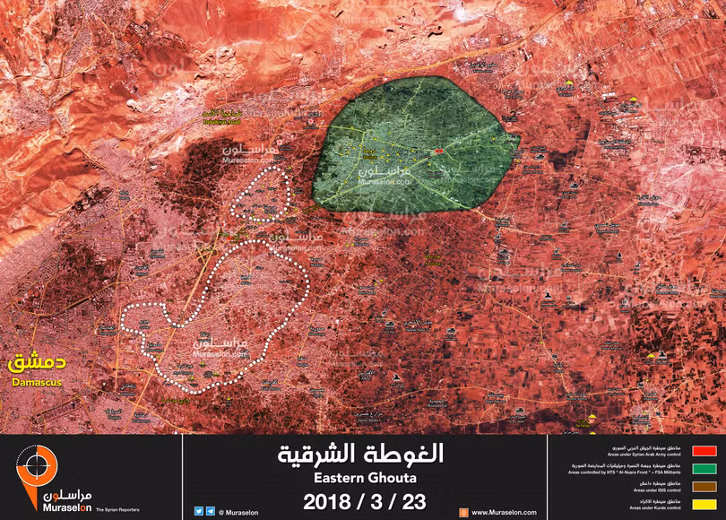 Bản đồ tình hình chiến sự Đông Ghouta, gần như đã hoàn toàn giải phóng, chỉ còn thị trấn thành phố Đông Ghouta
