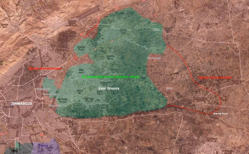 Bản đồ chiến trường khu vực Đông Ghouta tính đến ngày 03.03.2018 theo South Front