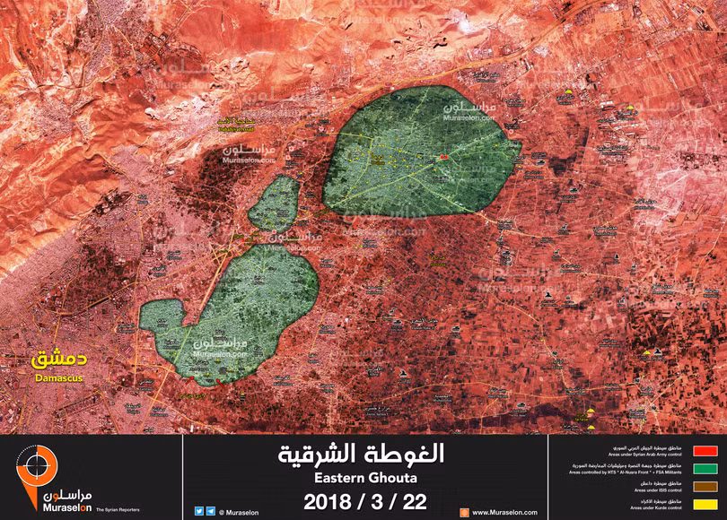 Tình hình chiến sự khu vực Đông Ghouta, tính đến ngày 22.03.2018 theo Muraselon. 