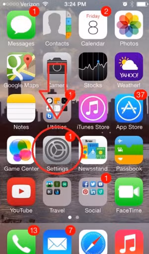 Hướng dẫn phát WiFi bằng iPhone: Truy cập vào Settings (mũi tên). Hướng dẫn phát WiFi bằng iPhone: Truy cập vào Settings (mũi tên).