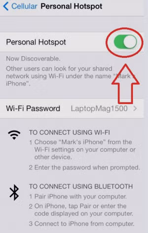 Hướng dẫn phát WiFi bằng iPhone: Đừng quên tắt điểm truy cập cá nhân Personal Hotspot trên iPhone phát của bạn khi bạn đã sử dụng xong (gạt sang trái ở điểm khoanh đỏ như trong hình). Hướng dẫn phát WiFi bằng iPhone: Đừng quên tắt điểm truy cập cá nhân Personal Hotspot trên iPhone phát của bạn khi bạn đã sử dụng xong (gạt sang trái ở điểm khoanh đỏ như trong hình).