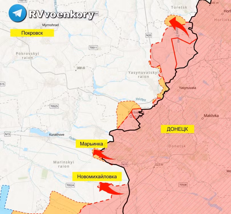 Các mũi tiến công của quân đội Nga, dân quân Donbass trên vùng Donetsk. Ảnh RusVesna. Các mũi tiến công của quân đội Nga, dân quân Donbass trên vùng Donetsk. Ảnh RusVesna.