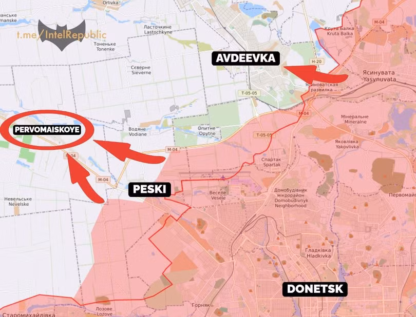 Các mũi tiến công của quân đội Nga, dân quân Donetsk trên hướng làng Pervomayskoye và thành phố Avdeevka. Ảnh Voennya Hronika.