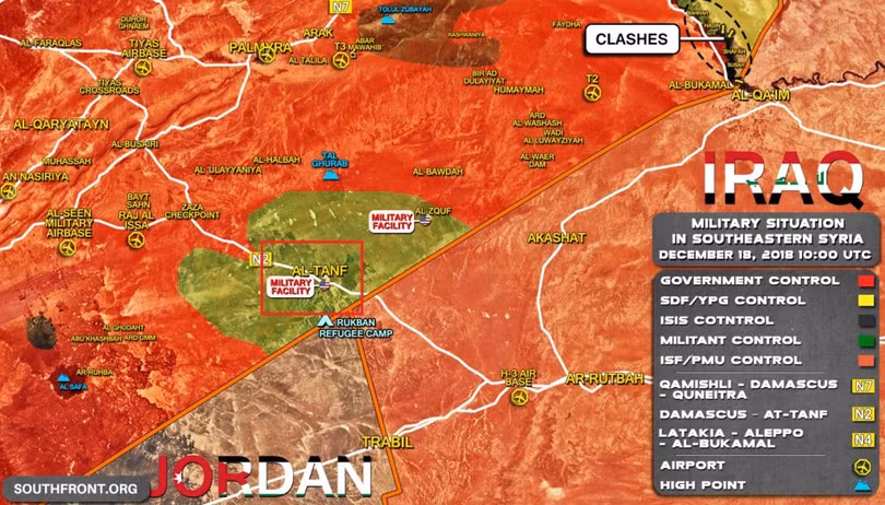 Bản đồ căn cứ quân sự al-Tanf, khống chế vùng biên giới Iraq - Syria của quân đội Mỹ. Ảnh minh họa: South Front.